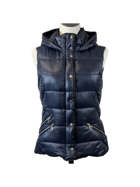 Zara Jackets & Blazers - Zara Trafaluc Hooded Puffer Vest Womens Size S Blue Snap Zip Pockets Black Trim